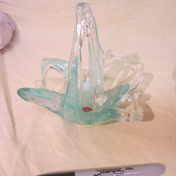 VTG MURANO MADE IN ITALY GLASS ART BASKET BLUE SWIRL - Picture 3 of 8